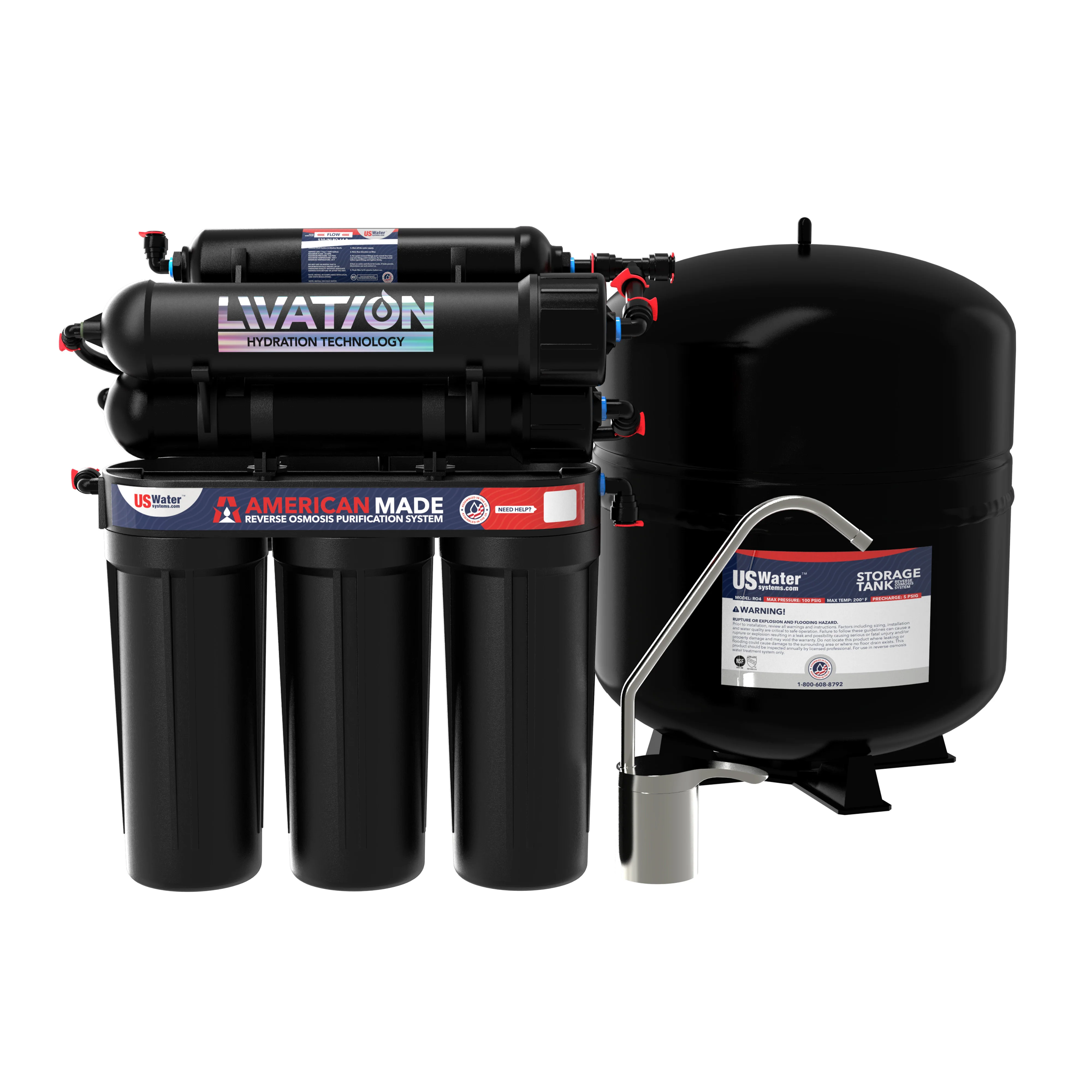 US Water Systems American Made Reverse Osmosis system with Livation hydration technology, three filter canisters, and storage tank