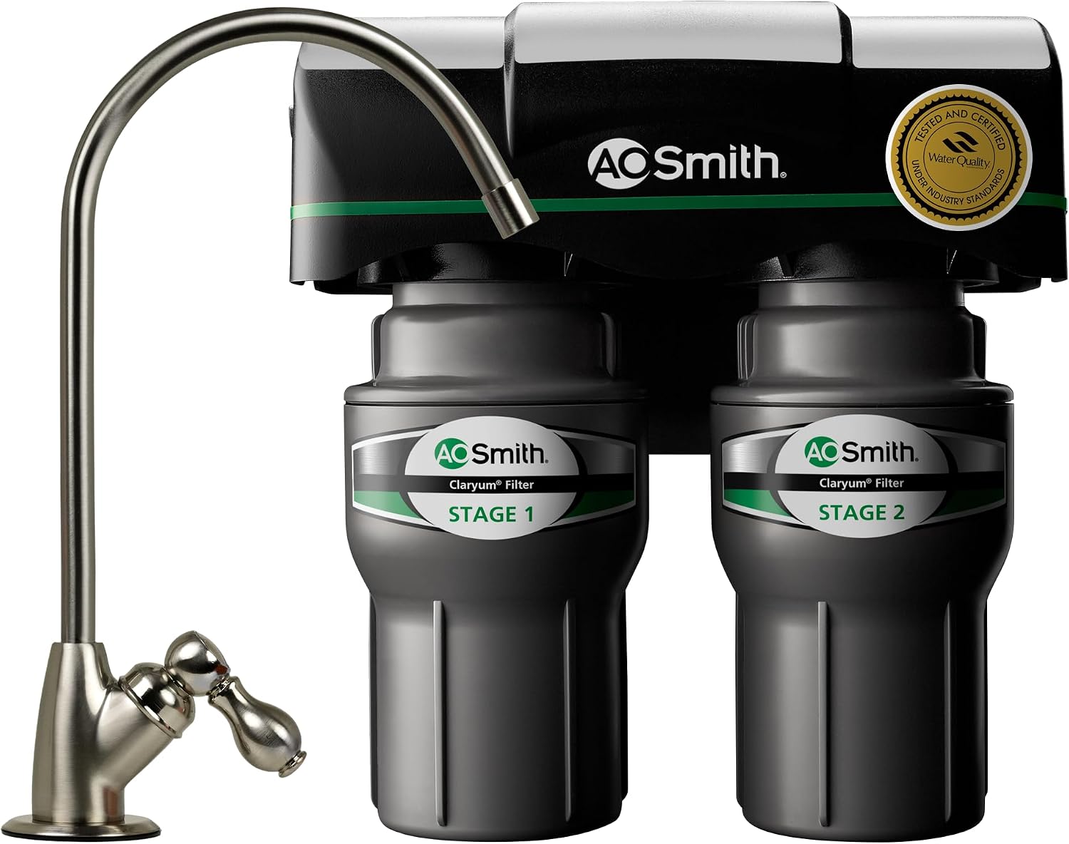 AO Smith AO-US-200 2-Stage Claryum under-sink water filter with brushed nickel faucet — WQA certified NSF/ANSI 42, 53, 401