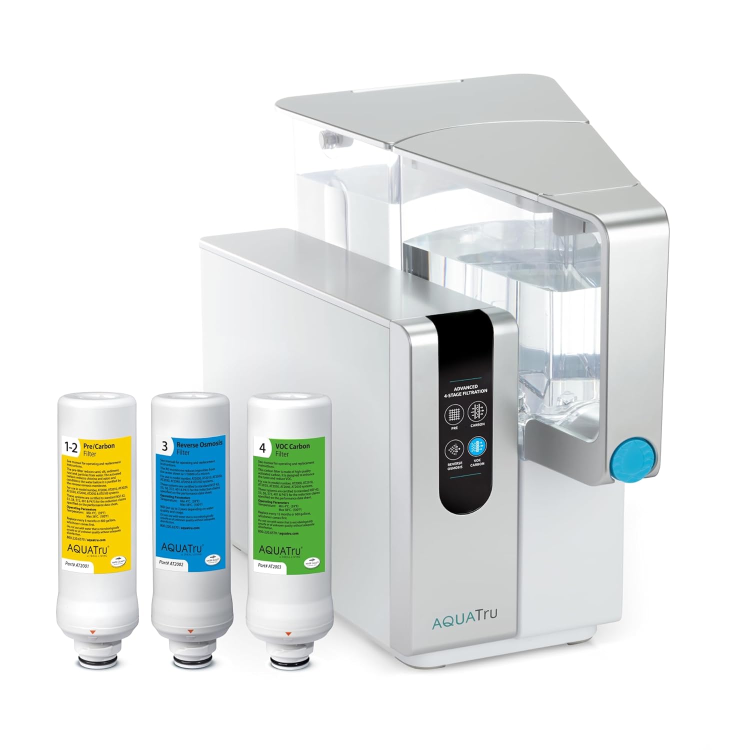 AquaTru Classic countertop reverse osmosis purifier with 4-stage filtration showing Pre/Carbon, RO membrane, and VOC Carbon filter cartridges