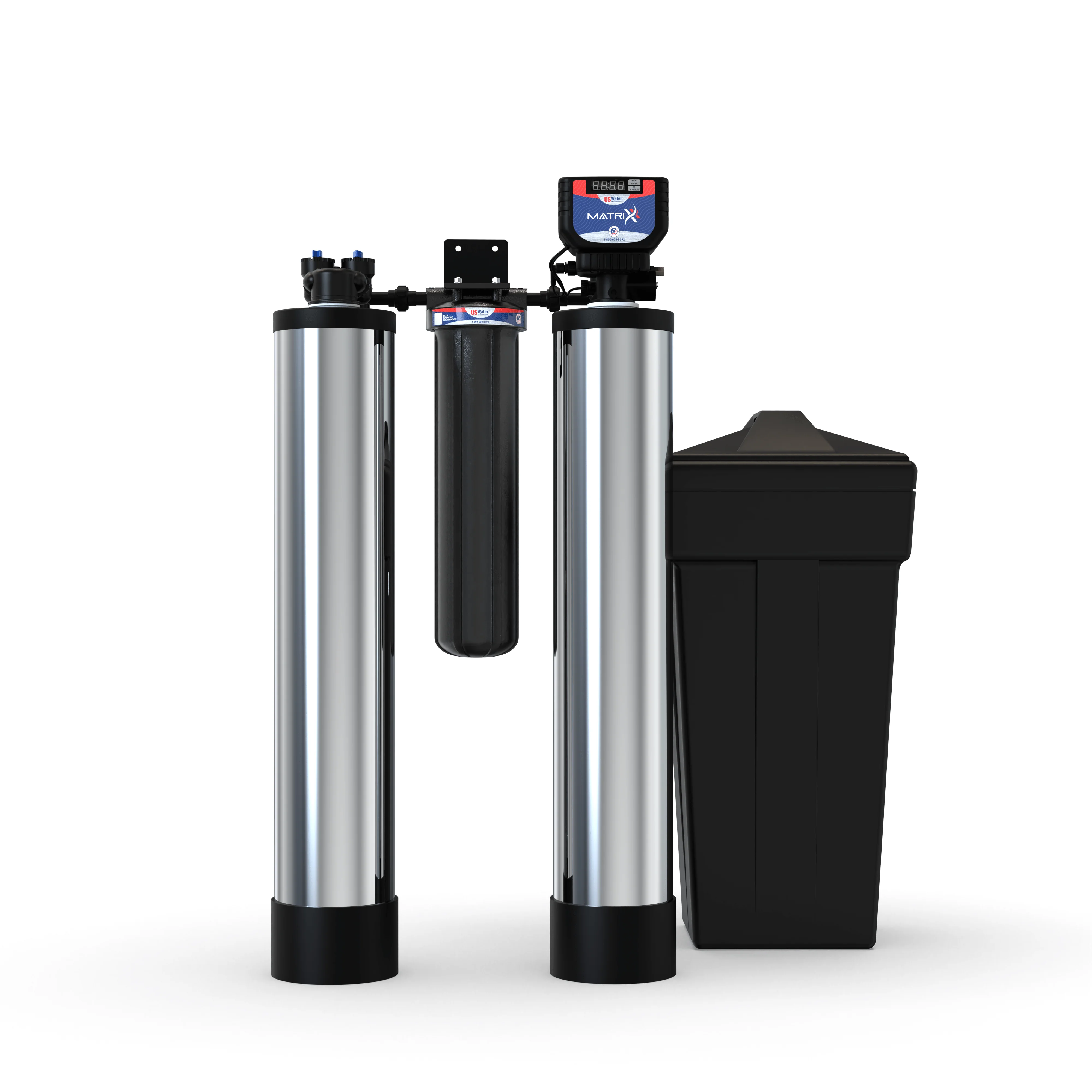 US Water Systems BodyGuard Plus whole-house filter paired with Matrixx Smart water softener and brine tank — full combo system