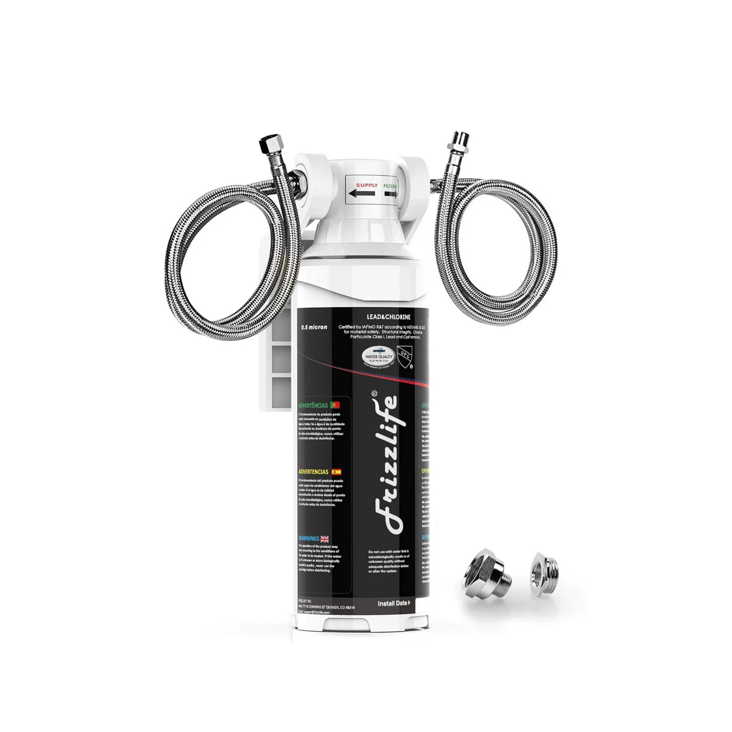 Frizzlife MK99 inline under-sink water filter with braided steel supply lines and 0.5 micron carbon block cartridge