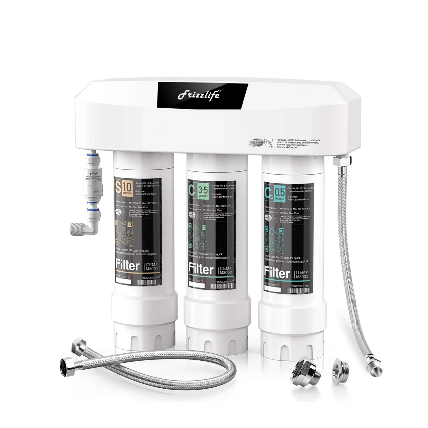 Frizzlife SK99 3-stage under-sink water filtration system with sediment, carbon block, and fine carbon filter cartridges