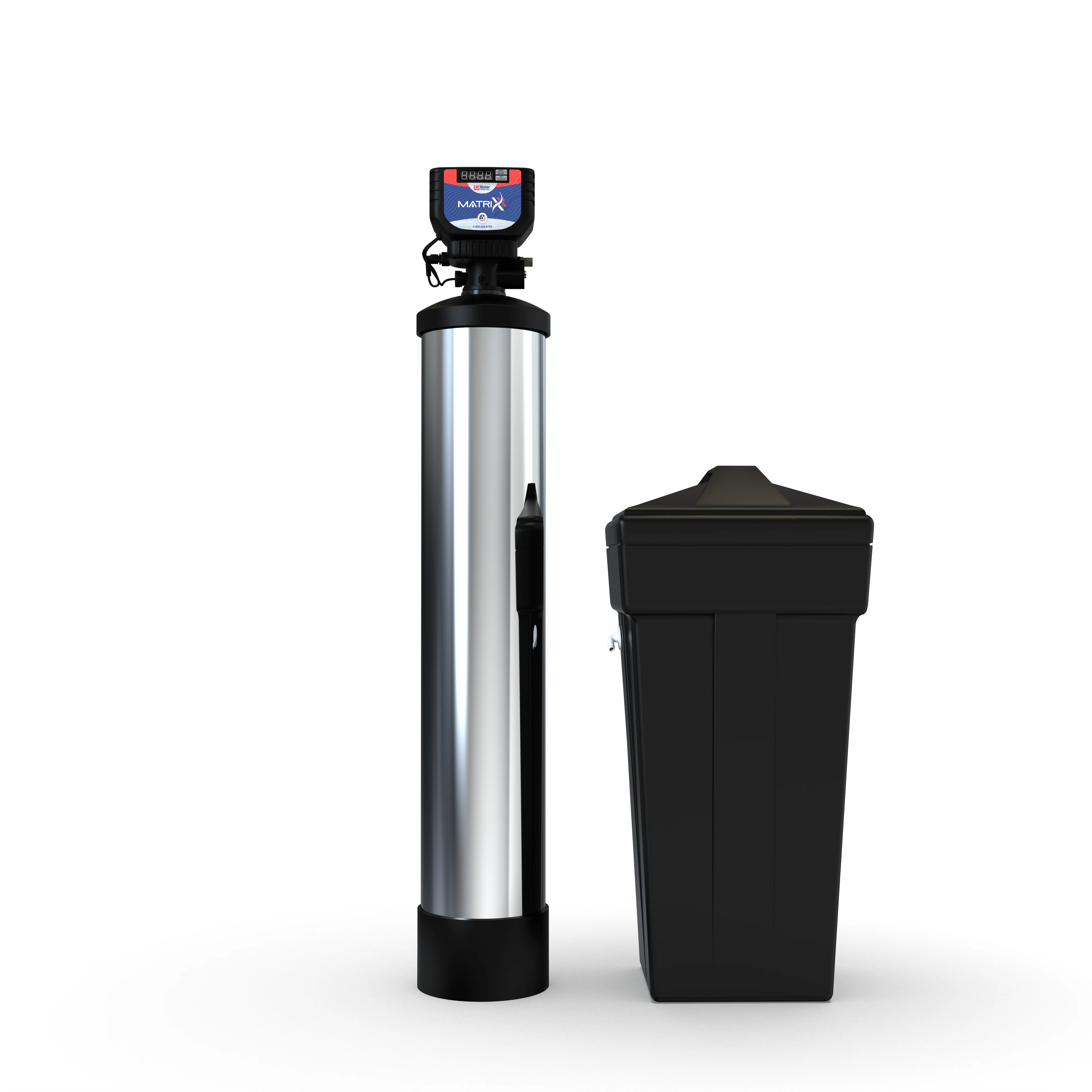 US Water Systems Matrixx Smart Water Softener — chrome tank with digital control head and black brine tank