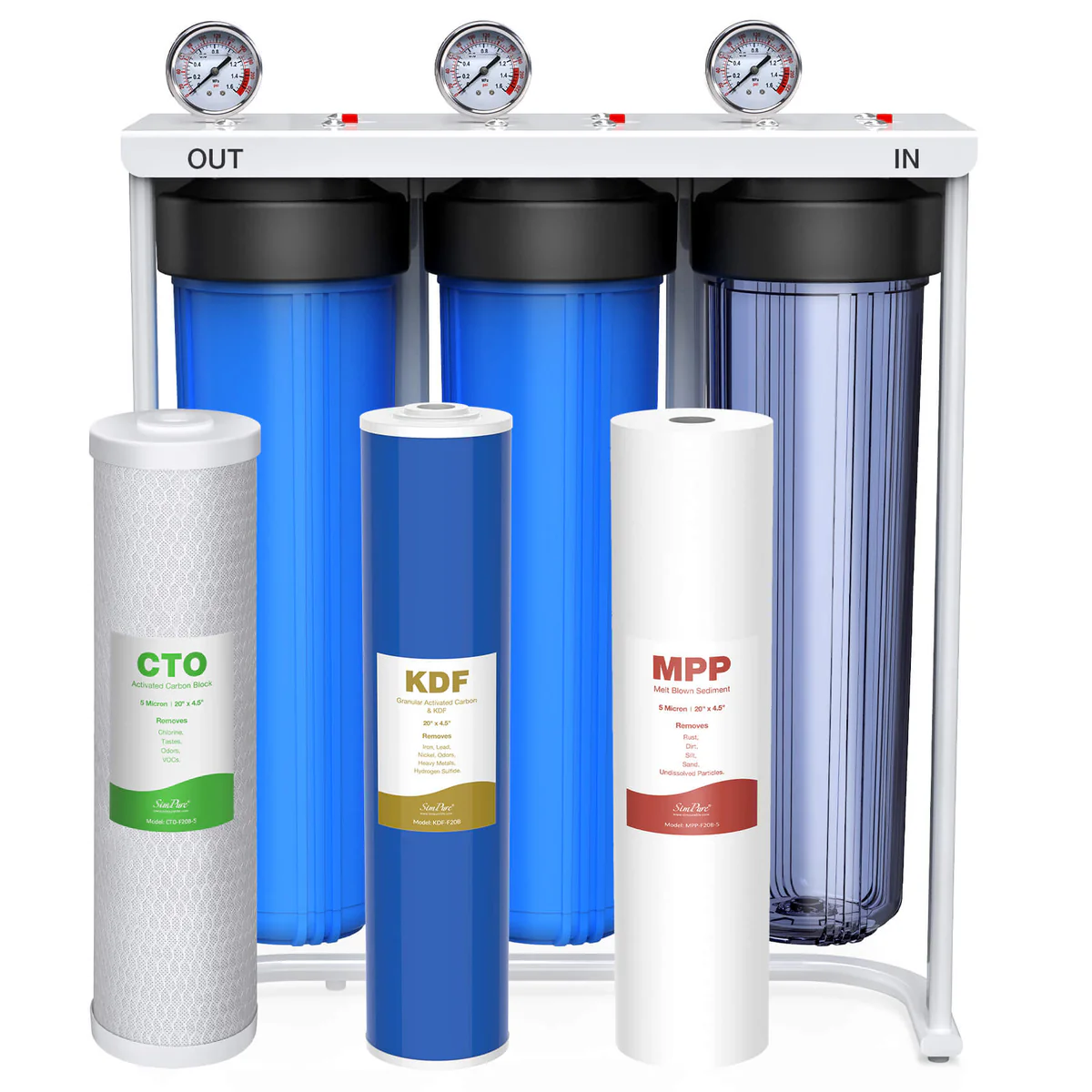 SimPure DB20P-3KDF 3-stage whole house water filtration system with blue filter housings, pressure gauges, and KDF, CTO, and sediment filter cartridges