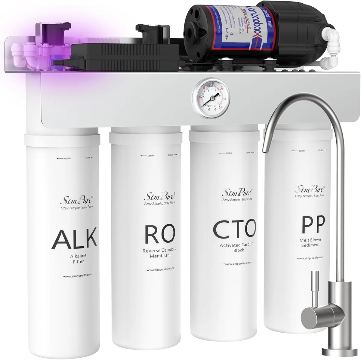 SimPure T1-400ALK 8-stage tankless under-sink reverse osmosis system with alkaline remineralization filter, UV light, and dedicated faucet
