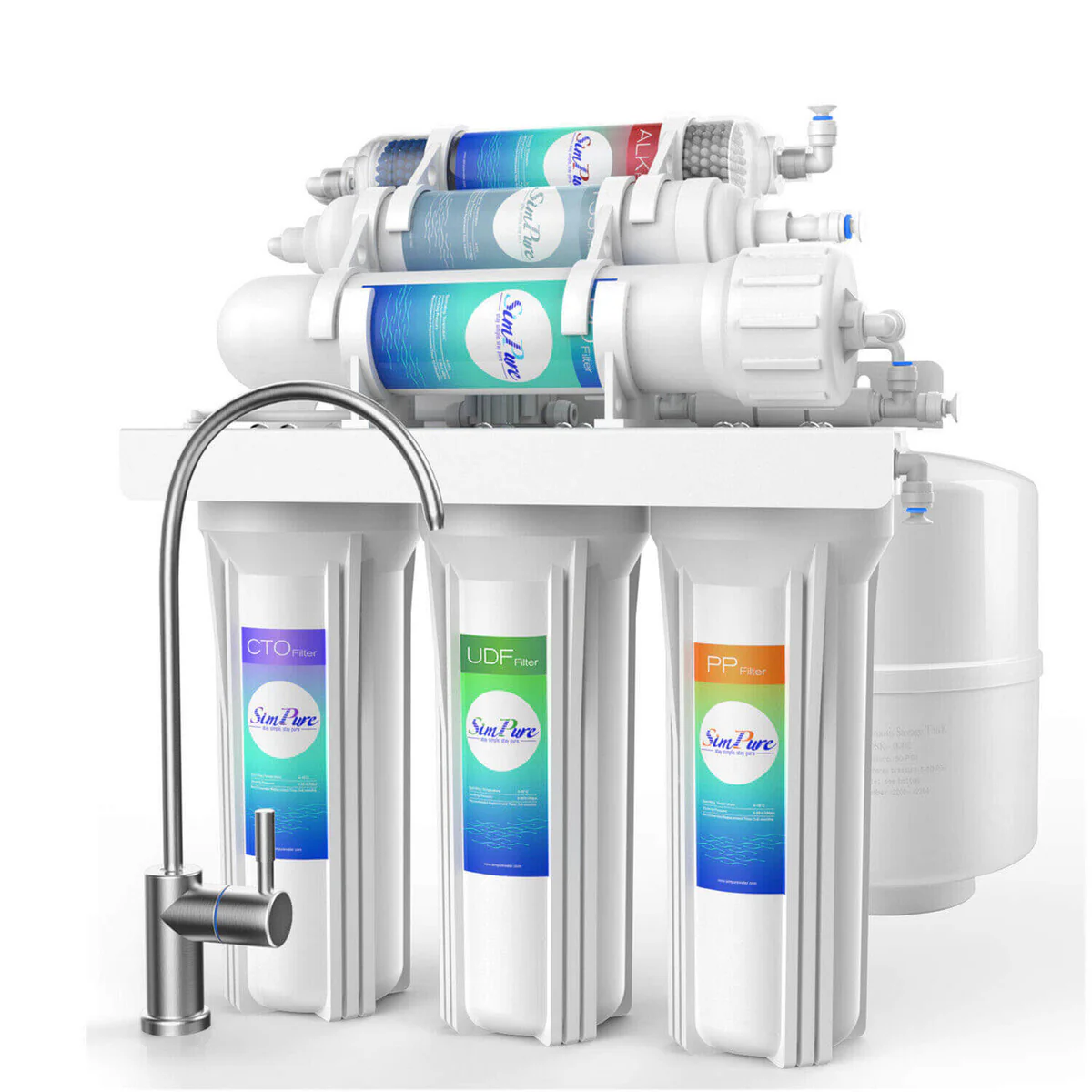 SimPure T1 6-Stage traditional under-sink reverse osmosis system with storage tank, colored filter canisters, and dedicated faucet