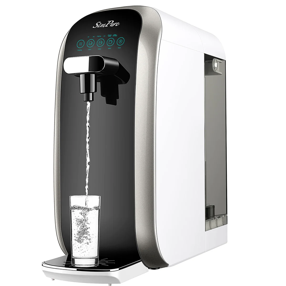 SimPure Y7P countertop reverse osmosis water dispenser — sleek black and white design with digital display, no installation required