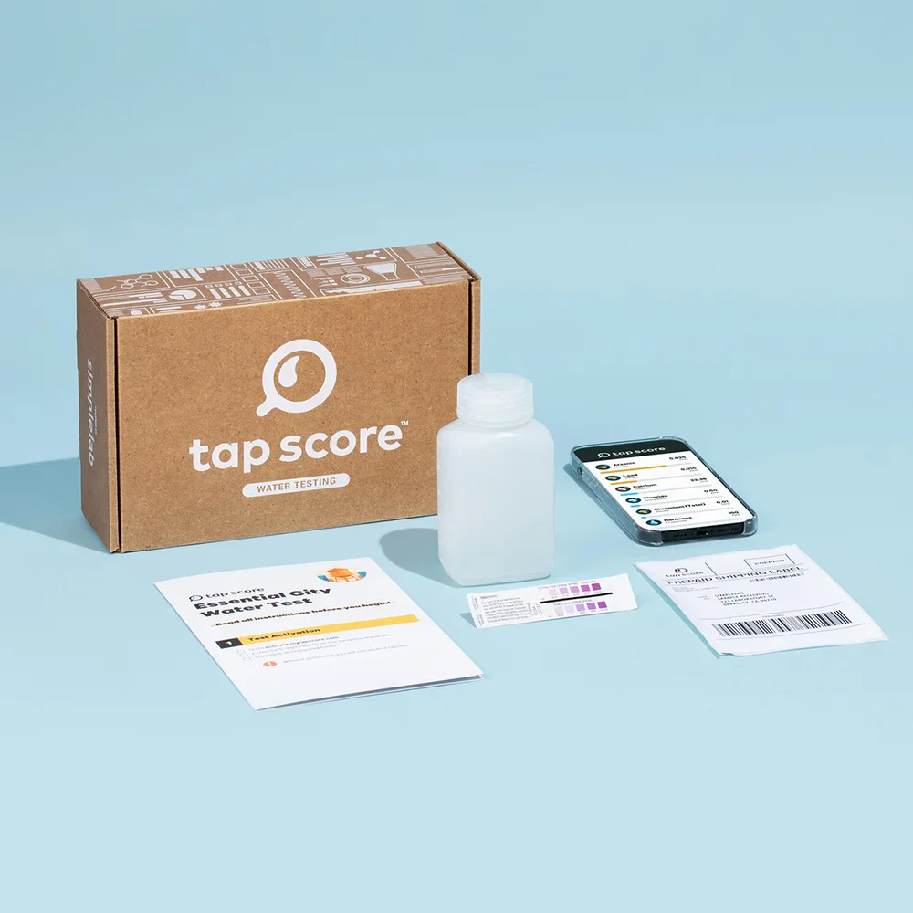 SimpleLab Tap Score Essential City Water Test kit with collection bottle and prepaid shipping label