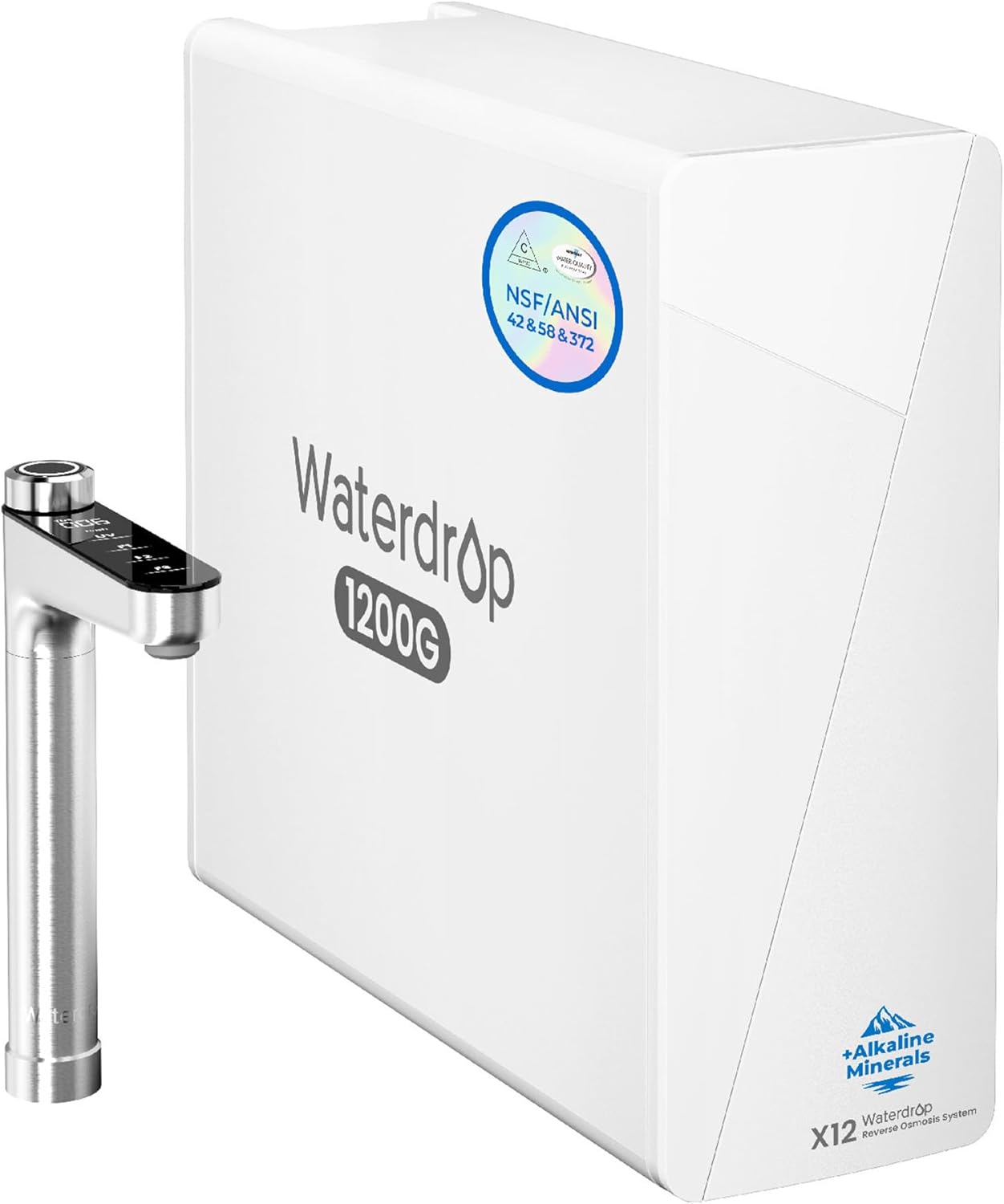 Waterdrop X12 1200G under-sink reverse osmosis system — white, NSF/ANSI 42, 58, 372 certified, with smart faucet and alkaline minerals