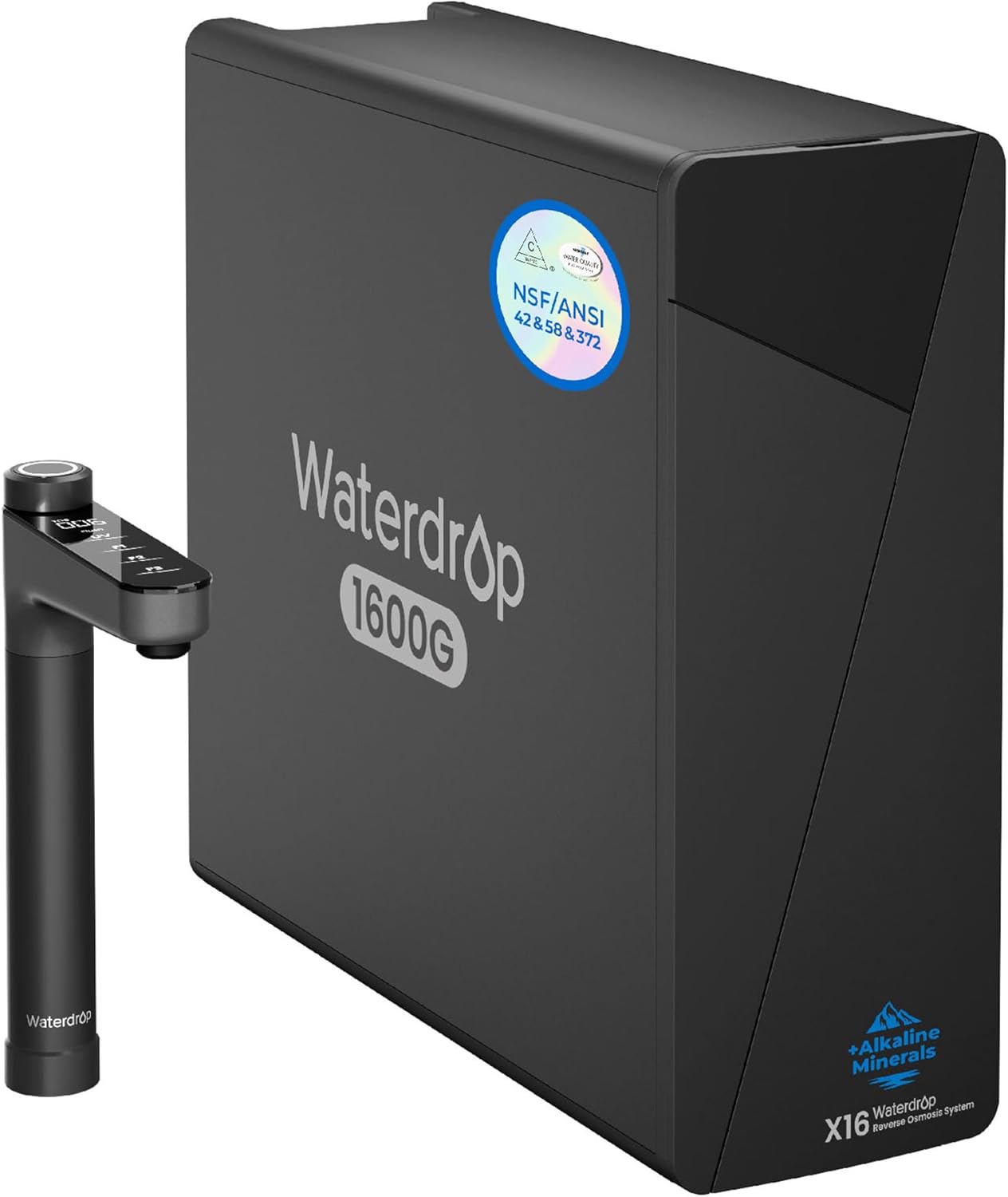 Waterdrop X16 1600G under-sink reverse osmosis system — matte black, NSF/ANSI 42, 58, 372 certified, with smart display faucet and alkaline minerals